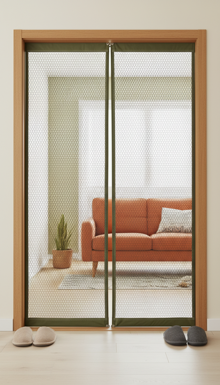 Magnetic mesh door mosquito net in olive tint